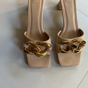 ShuShop Tan and Gold Heels with Chain Detail